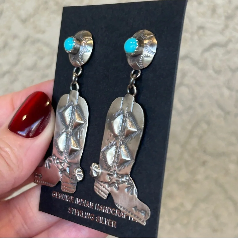 Tim Yazzie Signed Sterling Silver & Kingman Turquoise Boot Dangle Earrings